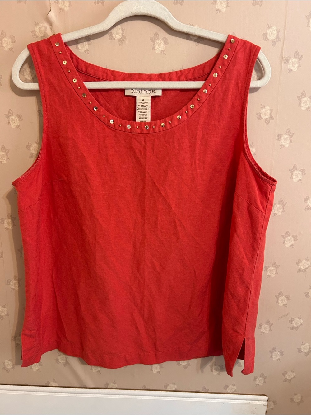 CLOTHES Coral  Linen Blend Rhinestone Studded Neck Tank Top Blouse XL Dressy